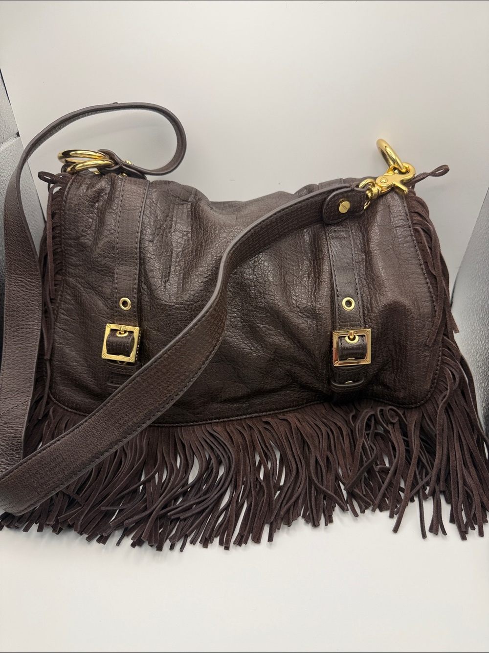 Tory Burch Dark Brown Leather Fringe Shoulder Bag with Gold Hardware